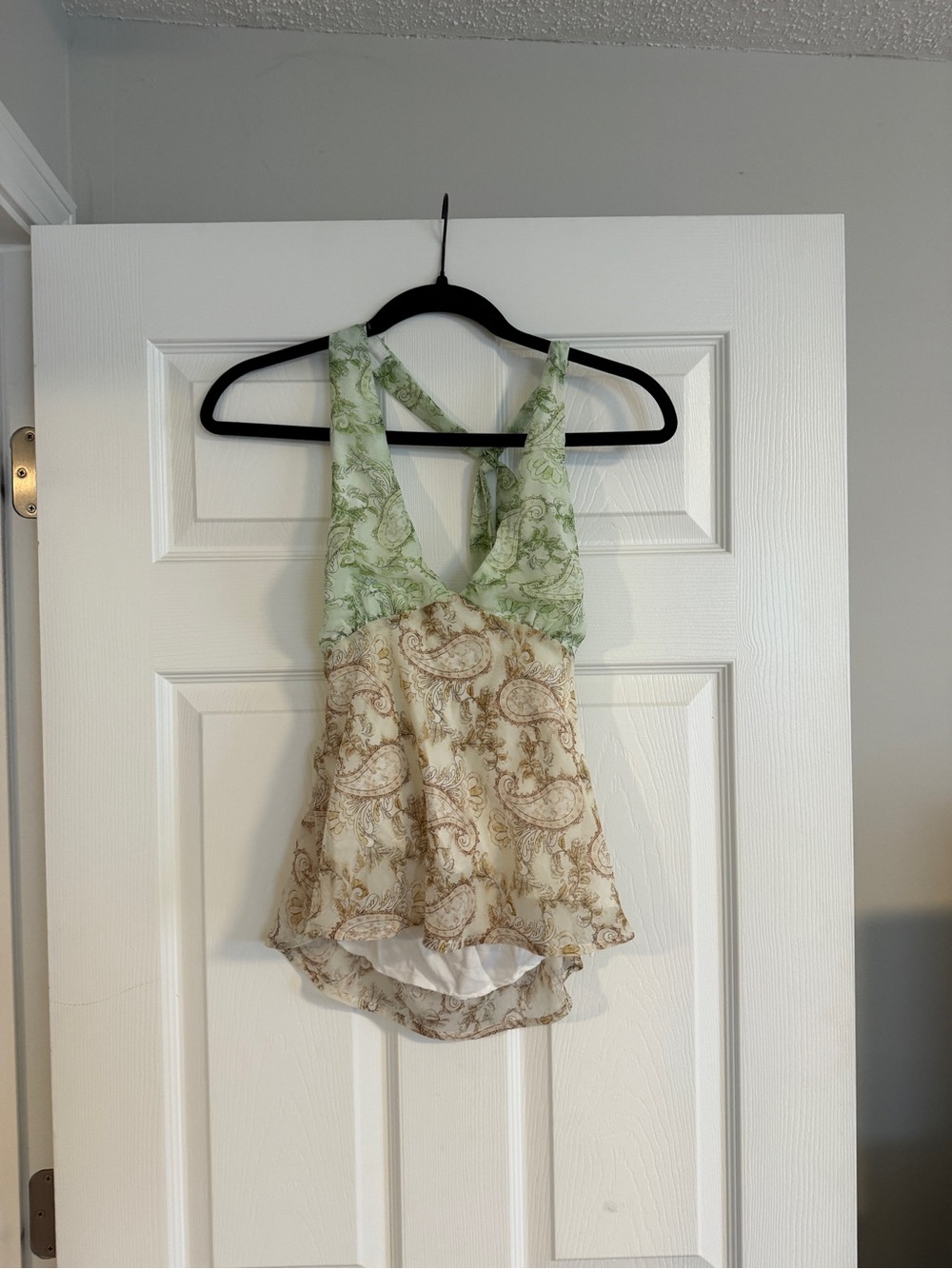 Princess Polly Light Green and Cream Paisley Halter Top